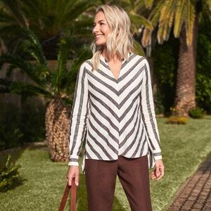 Pure Collection Chocolate White Linen V-Neck Long Sleeve Overshirt Size 12